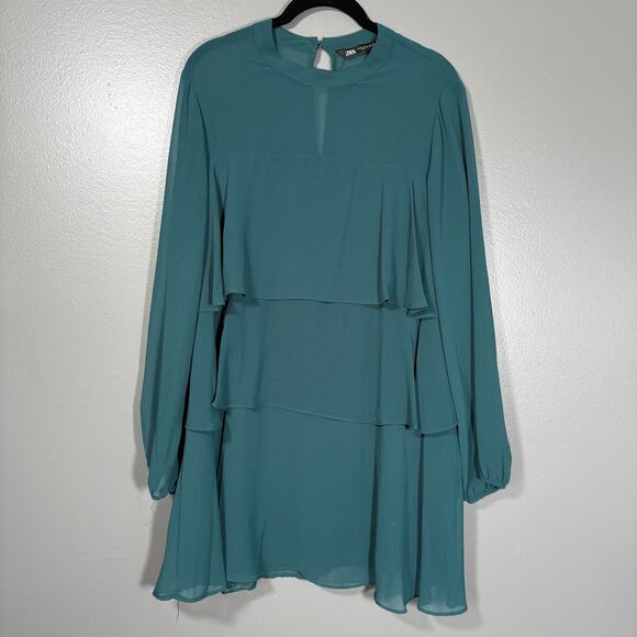 Zara Women's Forest Green Chiffon Layered Tiers Dress - Size XL - Long Sleeves - Picture 1 of 8